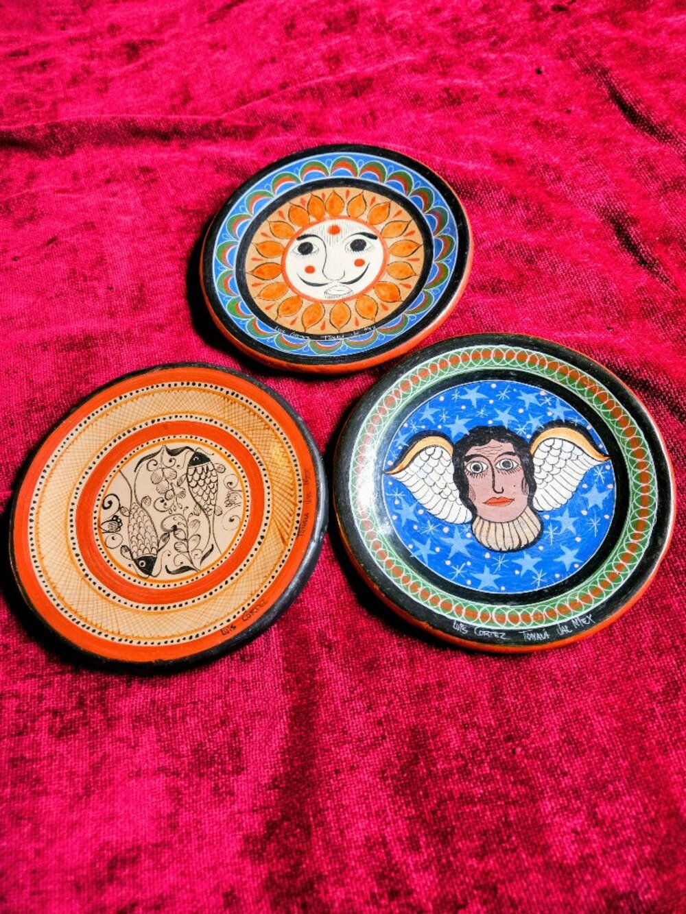 3 VINTAGE TONALA PLATES BRILLIANT SIGNED BY MASTER CERAMIC ARTIST LUIS CORTEZ